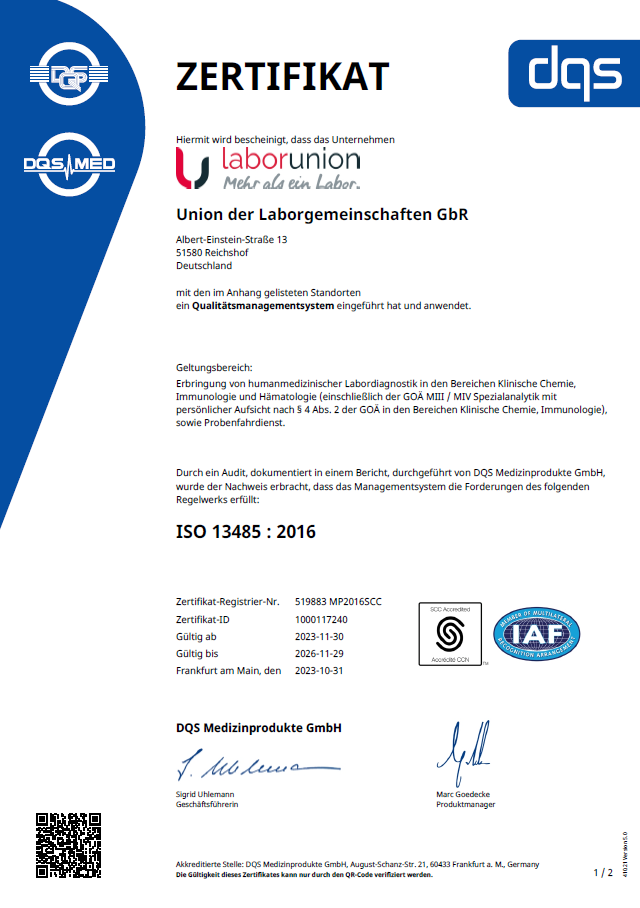 DIN EN ISO 13485 : 2016 / Zertifikat-Registrier-Nr.: 519883 MP2016SCC
